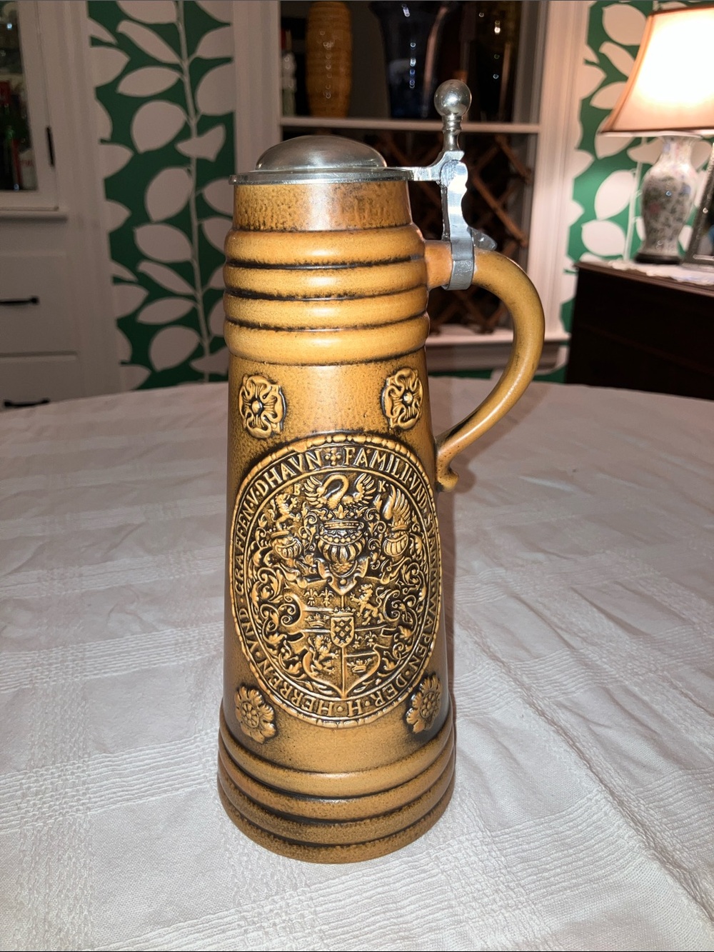 Vintage Gerz German Ceramic 1L Beer Stein, 12” H, 4-1/2” Dia.